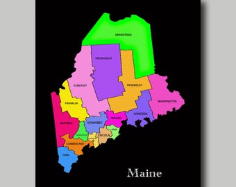 Maine - State Map - Counties - Multi Color - Print - Poster