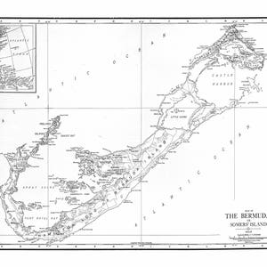 May include: A black and white map of Bermuda, also known as Somers Islands. The map shows the island's coastline, bays, and inlets. The map includes a scale and compass rose.