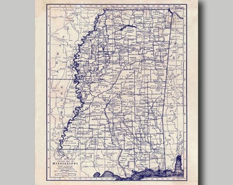 Mississippi Map - State Map - Vintage - Blueprint - Print Poster