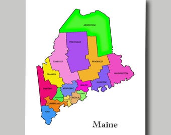 Maine - State Map - Counties - Multi Color - Print - Poster