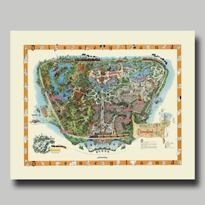 Disneyland Map - Disney Map - Vintage - 1958 - Panoramic - Birds Eye View  - Map of Disneyland- Print - Poster - Magic Kingdom