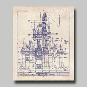 Disney World Castle - Blueprint - Disney - Cinderella - Sleeping Beauty - Fantasyland - Blue Ink - Print - Poster