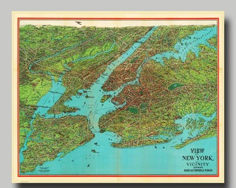 New York City - Panoramic Map - Birds Eye View - Manhattan - Print - Poster