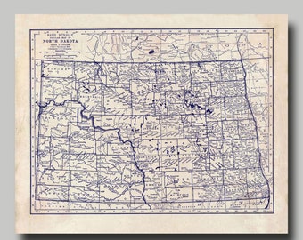 North Dakota - State Map - Blueprint - Vintage - Print - Poster - Grunge
