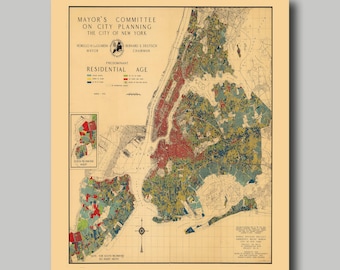 New York - Carte - Manhattan - Multicolore - Plan du quartier - Impression - Poster - 1932