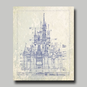 Disney World - Castle - Blueprint - Disney - Cinderella - Sleeping Beauty - Fantasyland - Blue Ink - Gray Grunge - Print - Poster