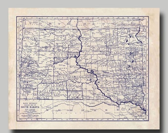 South Dakota - State Map - Blueprint - Vintage - Print - Poster - Grunge