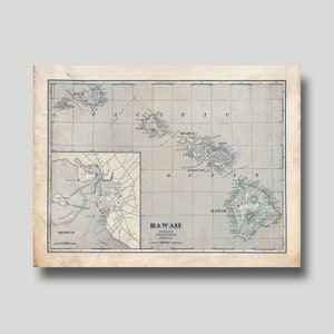 Hawaii - State Map - Blueprint - Vintage - Print - Poster - Grunge
