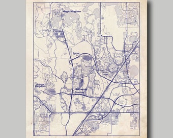 Disney World Map - Vintage - Disney Map - Blueprint - Panoramic - Vintage - Map of Disney World - Print - Poster