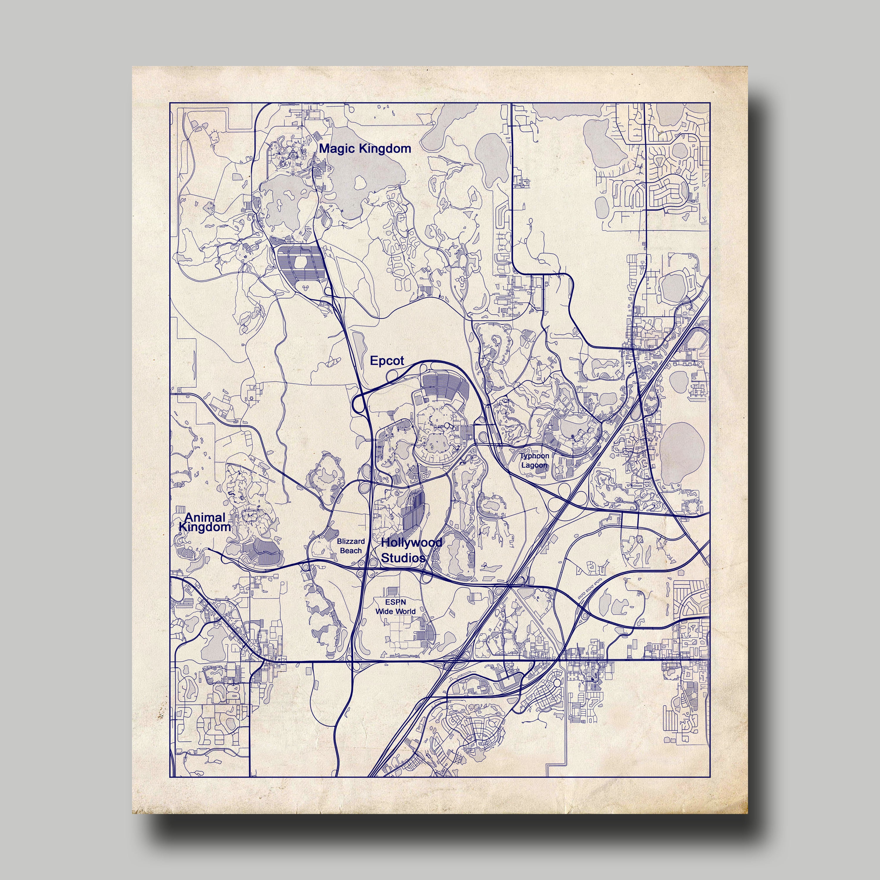 Disney World Map Vintage Disney Map Blueprint Etsy