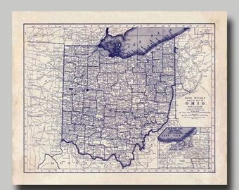 Ohio -  Map - State Map - Vintage - Blueprint - Print Poster