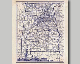 Alabama Map - State Map - Vintage - Blueprint - Grunge - Print - Poster