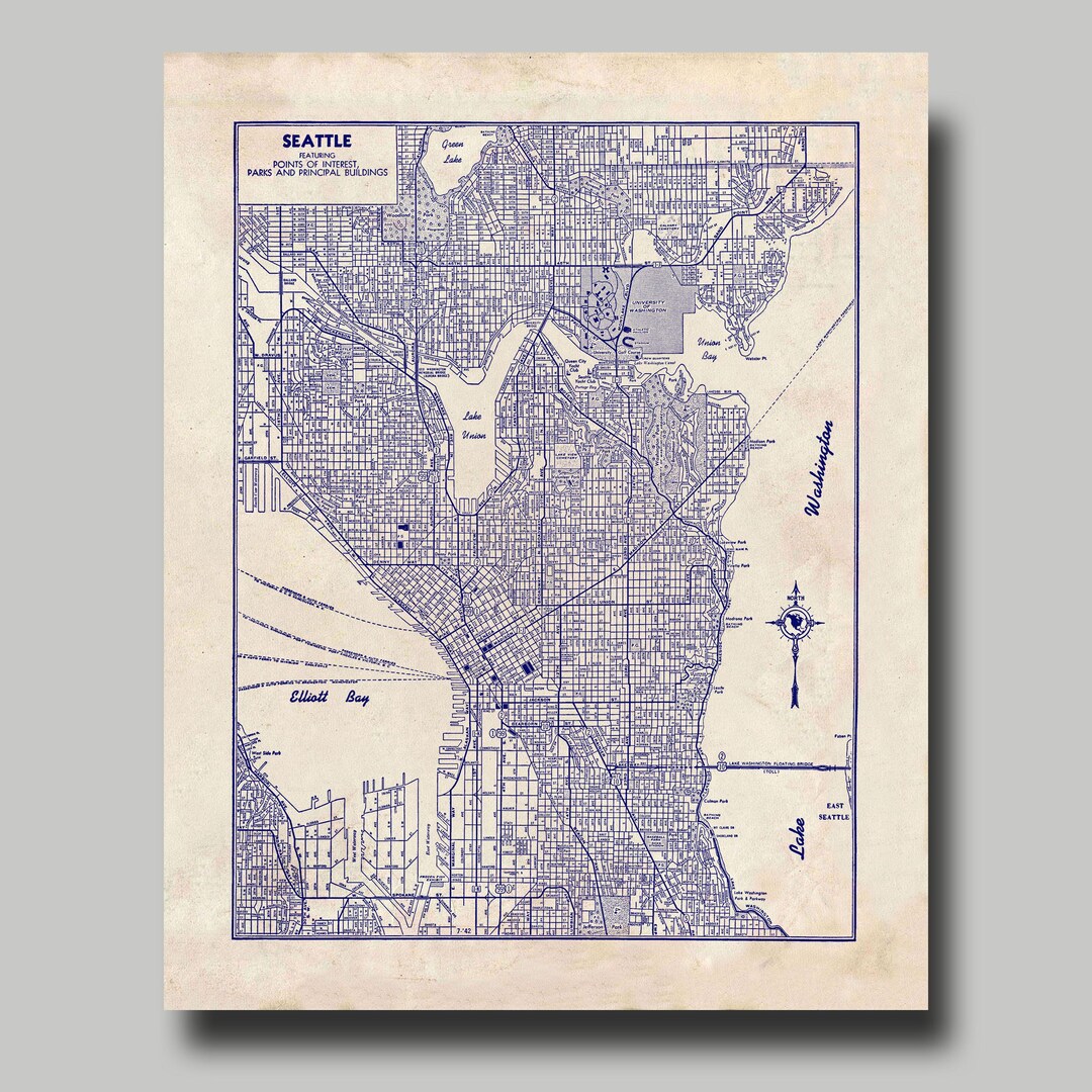 Seattle - Map - Street Map - Vintage - Blueprint - Print Poster - Etsy