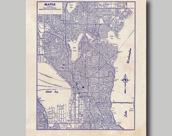 Seattle - Map - Street Map - Vintage - Blueprint - Print Poster