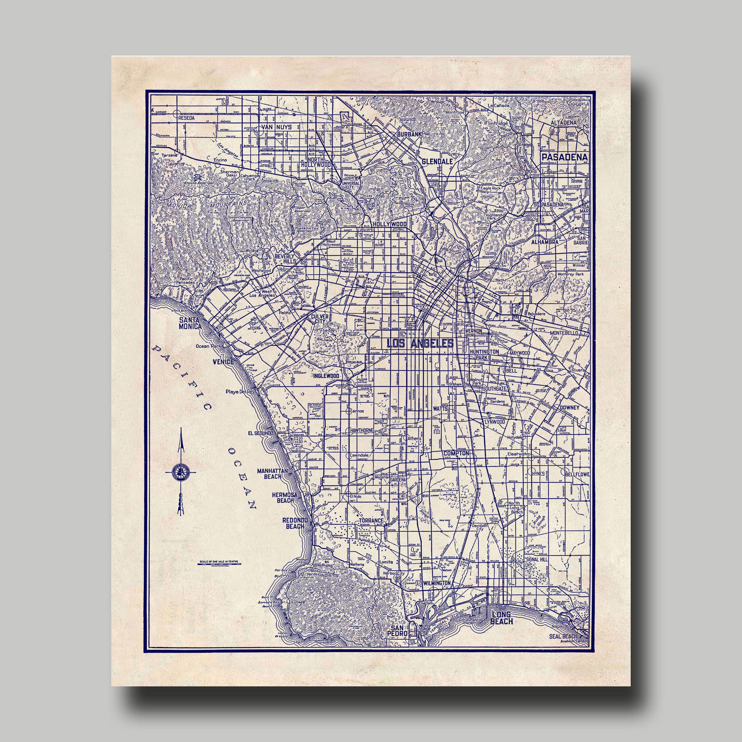 Los Angeles - Map - Street Map - Vintage - Blueprint - Print - Poster