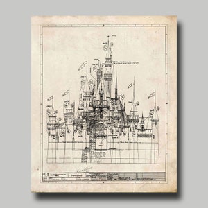 Disneyland Castle - Blueprint - Disney - Cinderella - Sleeping Beauty - Fantasyland - Black Ink - Grunge - Print - Poster