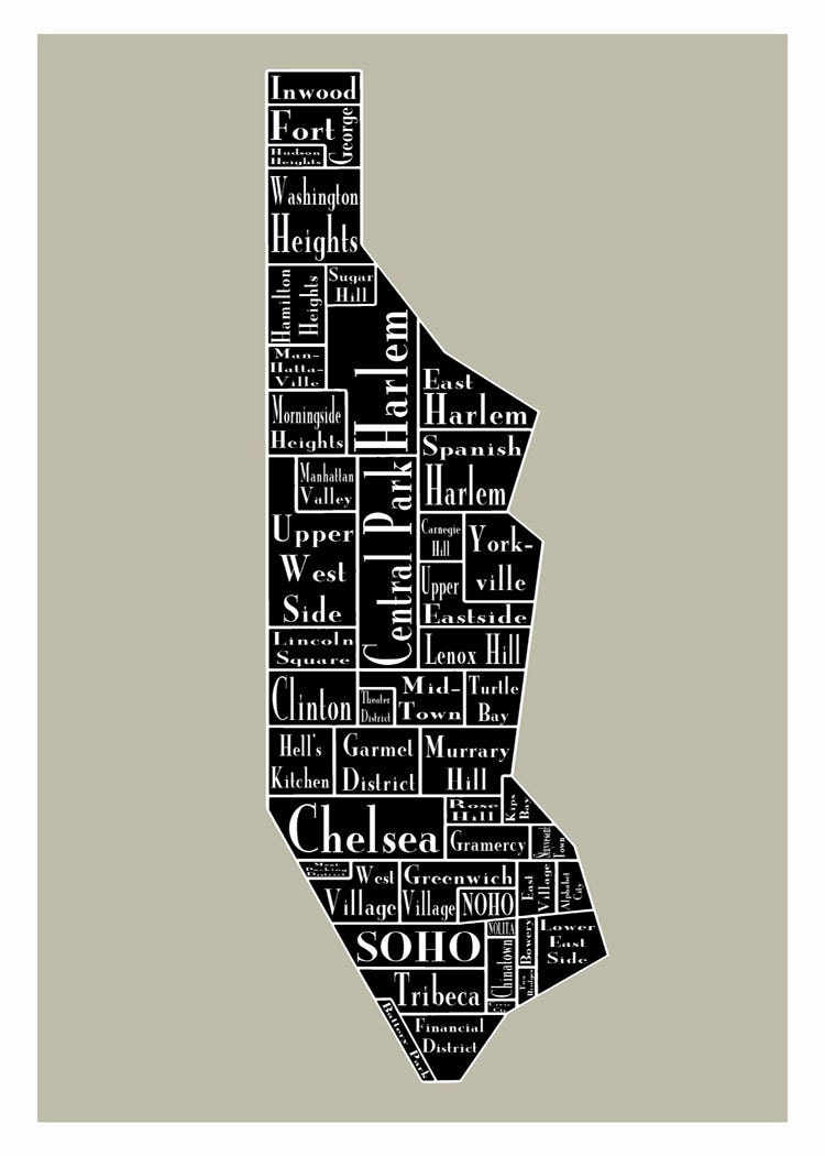 New York City Neighborhood Map New York City Map Manhattan Neighborhood Map New York Black | Etsy Uk