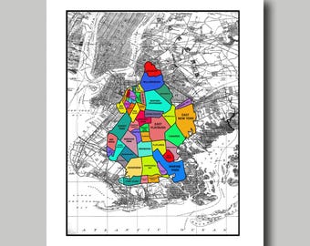 Brooklyn - New York - Map - Multi Color - Neighborhood Map - Print - Poster