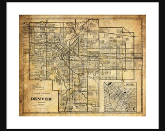 Denver Street Map Vintage - 1922 Street Map -  Print Poster - Sepia Grunge