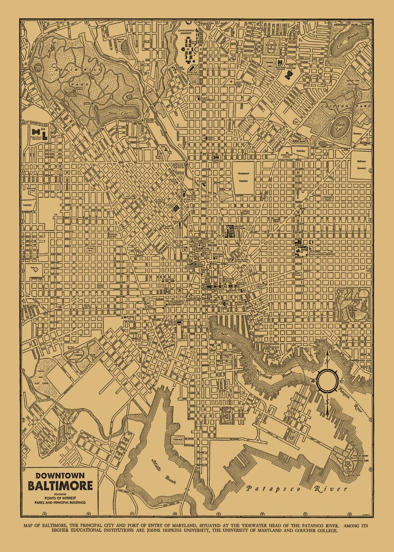 1944 Baltimore maryland City Street Map Vintage Sepia Print | Etsy