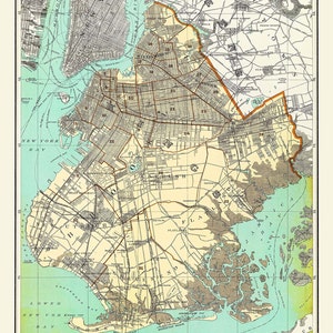 May include: A vintage map of New York City, showing the boroughs of Manhattan, Brooklyn, Queens, and the Bronx. The map is in a light brown and green color scheme with blue water features. The map includes street names and numbered districts.