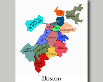 Boston - Map - Multi Color - Neighborhood Map - Print Poster