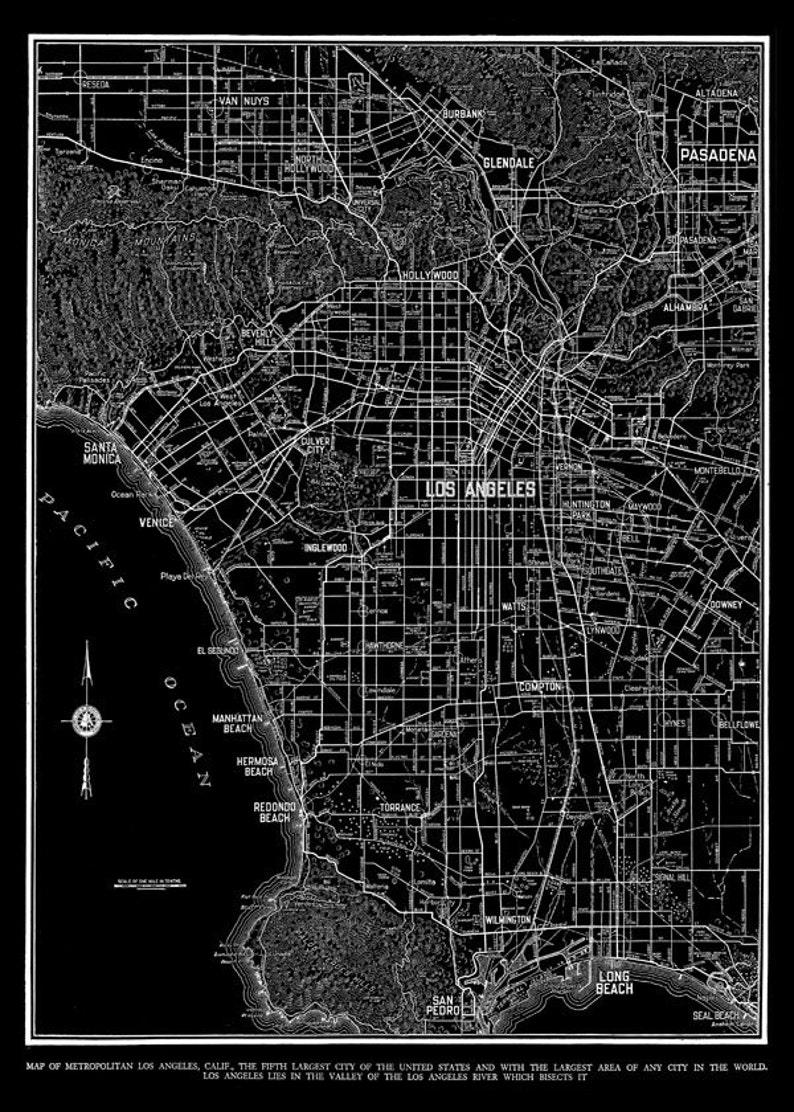 Los Angeles Map Street Map Vintage Black Print Poster Etsy