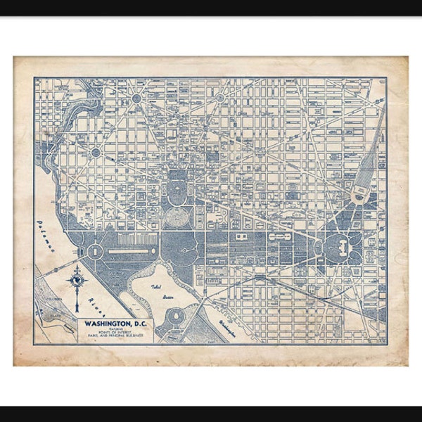 Washington DC - Map - Street Map - Vintage - Blueprint  - Print - Poster