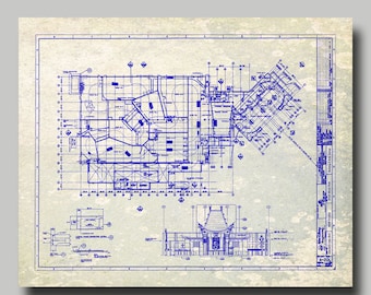 Disney World - Great Movie Ride - Blueprint - Hollywood Studios - Disney - Blue Ink - Gray Grunge - Disneyland- Print - Poster