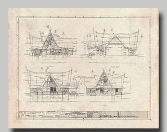 May include: Black and white architectural blueprint of a building with a triangular roof. The blueprint is titled "Tropical Serenade" and dated October 1, 1971. Walt Disney World Co. is listed as the company.