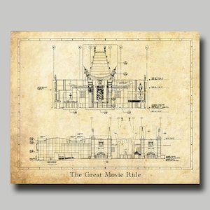 Disney World - Great Movie Ride - Blueprint - Hollywood Studios - Disney - Black Ink - Sepia Grunge - Disneyland- Print - Poster