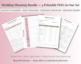 May include: A wedding planning bundle with four printable PDFs: Budget Planner, RSVP Tracker, Vendor Checklist, and Seating Chart. The documents are white with pink and green accents. Text includes "Wedding Planning Bundle" and "Save time. Stay organized."