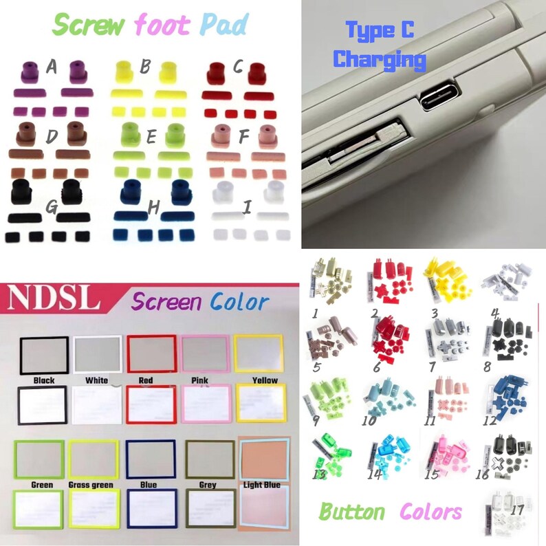 Puede incluir: La imagen presenta varias piezas de repuesto para una consola de juegos port&aacute;til. Incluye almohadillas de tornillo de varios colores, opciones de color de pantalla y colores de botones. Un primer plano muestra un puerto de carga tipo C.
