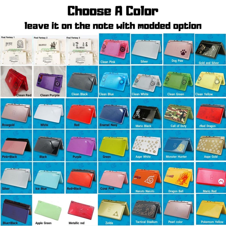 Puede incluir: Una variedad de consolas Nintendo DS en varios colores, incluyendo rosa, azul, verde y rojo. Cada consola se muestra abierta, mostrando la pantalla y los botones. La imagen incluye el texto "Choose A Color".