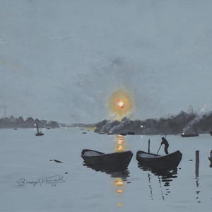 May include: An oil painting depicting a calm body of water at twilight with several small dark boats. A glowing orange sun sits low on the horizon, casting a reflection on the water. A figure stands in one boat using a pole. Signed Bridge Venally '56.