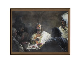 May include: A framed painting depicting a religious scene. The artwork shows a group of figures gathered around a table, with one central figure in white robes. The painting has a warm color palette and a dark background.