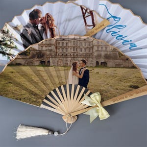Personalized Wedding Photo Hand Fans, Double-Sided Custom Guest Favors, Bow Tassel Detail