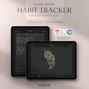 Könnte beinhalten: Zwei schwarze Tablets mit einem Dark-Mode-Habit-Tracker. Der Text auf dem Bild lautet "DARK MODE HABIT TRACKER MONTHLY, WEEKLY & DAILY" und "4 FORMAT OPTIONS INSTANT DOWNLOAD". iOS-Verknüpfungen sind ebenfalls zu sehen.