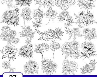 牡丹の花のSVGバンドル、細線の花のアート（商用利用）