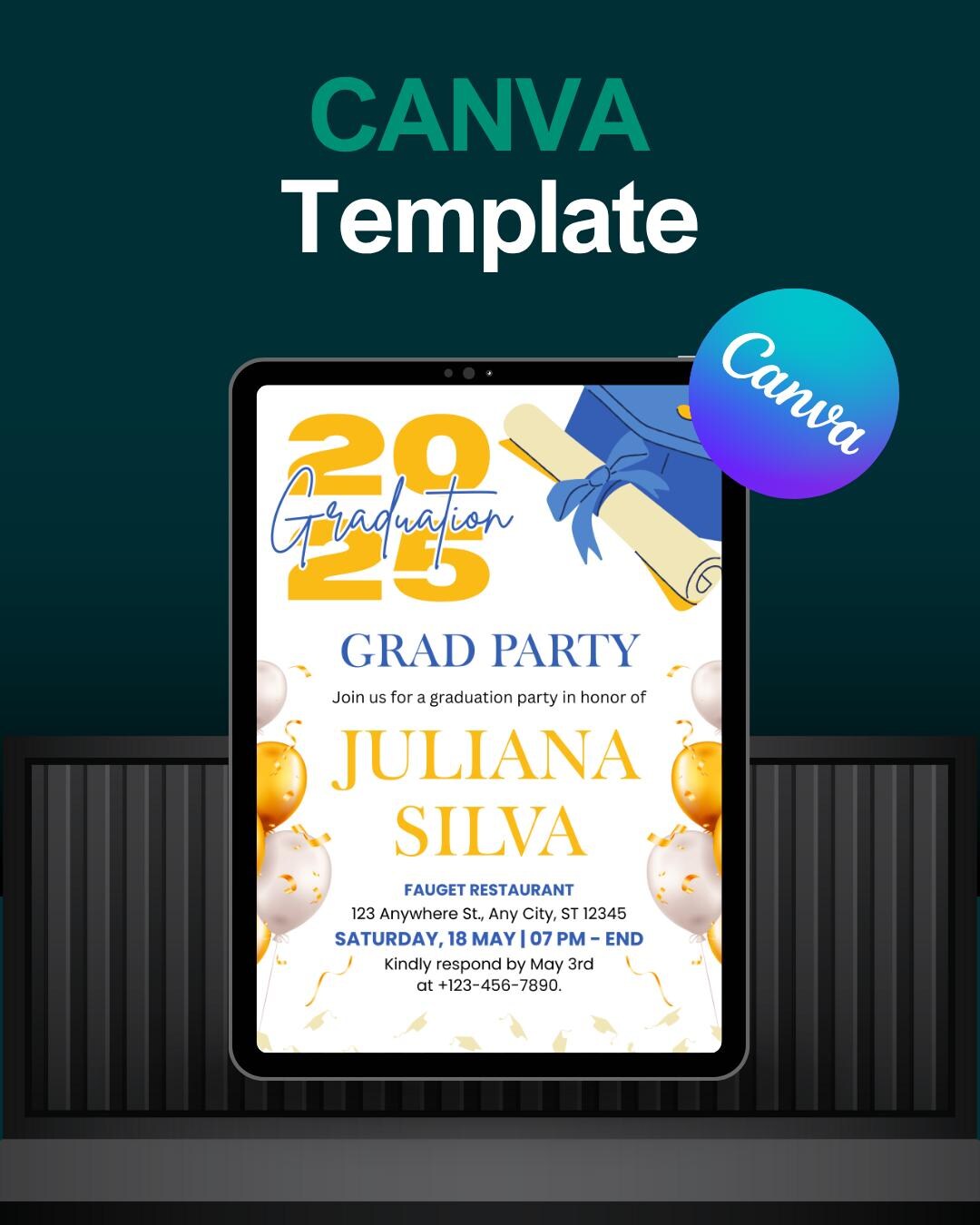 Black & Gold Graduation Party Invitation | Class of 2025, Editable ...