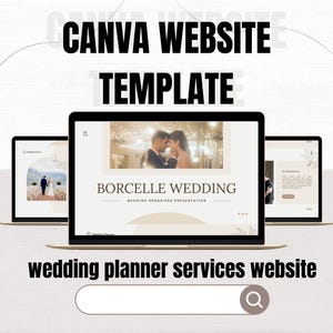 Könnte beinhalten: Eine Canva-Website-Vorlage für Hochzeitsplaner-Dienste. Das Bild zeigt drei Laptops, die ein Website-Design mit dem Text "BORCELLE WEDDING" und einem Foto eines Paares anzeigen. Der Text "CANVA WEBSITE TEMPLATE" und "wedding planner services website" sind ebenfalls sichtbar.