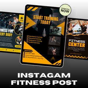 May include: Instagram fitness post design featuring three digital displays. The central display has a black and yellow theme with the text "Start Training Today." Other displays advertise fitness center services and include images of people working out.