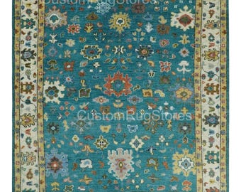 10 x 13 ft. handgeknoopt superblauw oushak-tapijt | Oushak gebloemd oosters vloerkleed | Superblauw Turks geweven geknoopt vloerkleed | Handgeknoopt bloementapijt