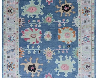 10 x 14 ft. handgeknoopt blauw oushak-tapijt | Oushak pastelblauw en grijs gebloemd vloerkleed | Handgeknoopt geweven vloerkleed | Bloementapijt voor slaapkamer