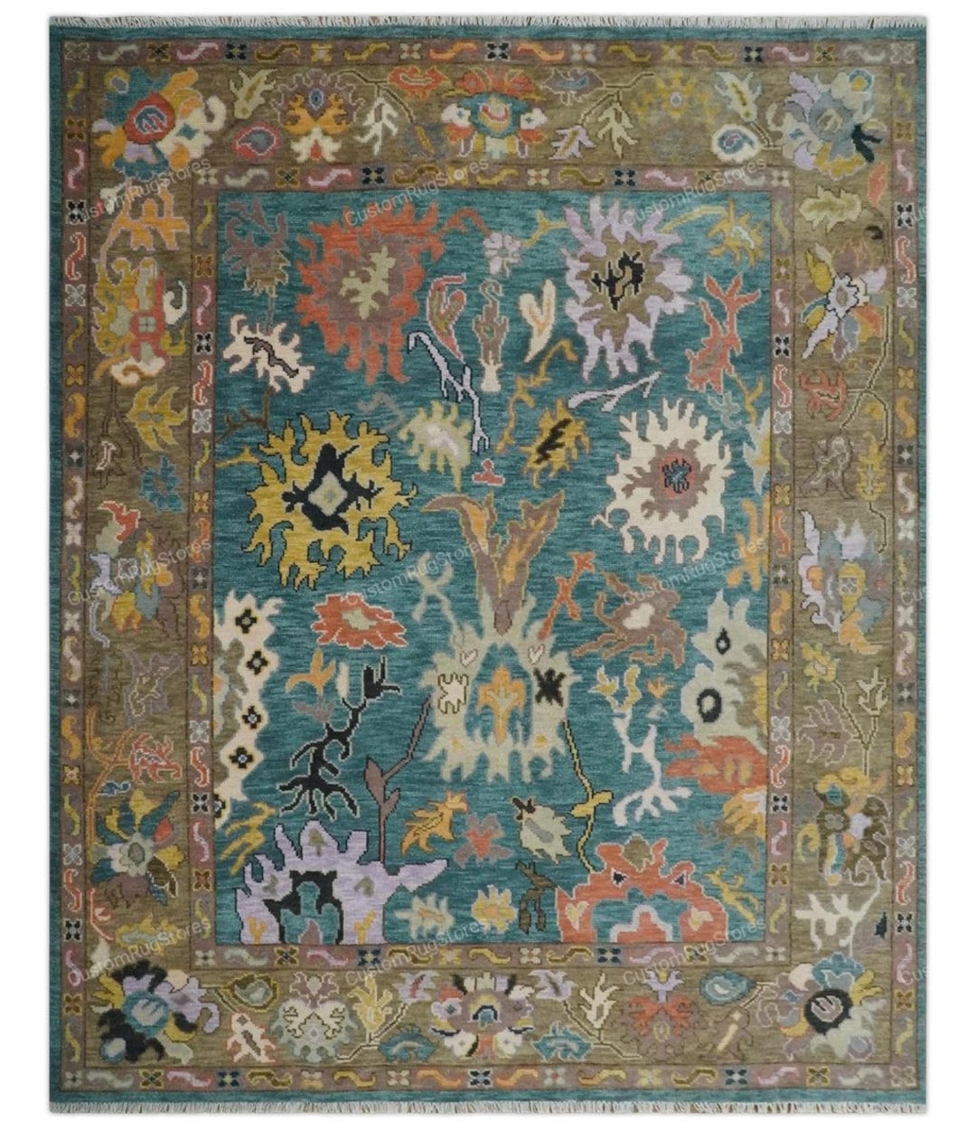 10x14 Ft. Hand Knotted Oushak Rug – Teal Multicolor Turkish Wool Area ...