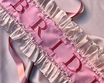 pre order only - Bride Sash with Ruffle Trim – Linen Blend Hen Party Sash - Pink