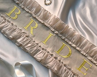 Elegant Bride Sash with Ruffle Trim – Linen Blend Hen Party Sash - Beige