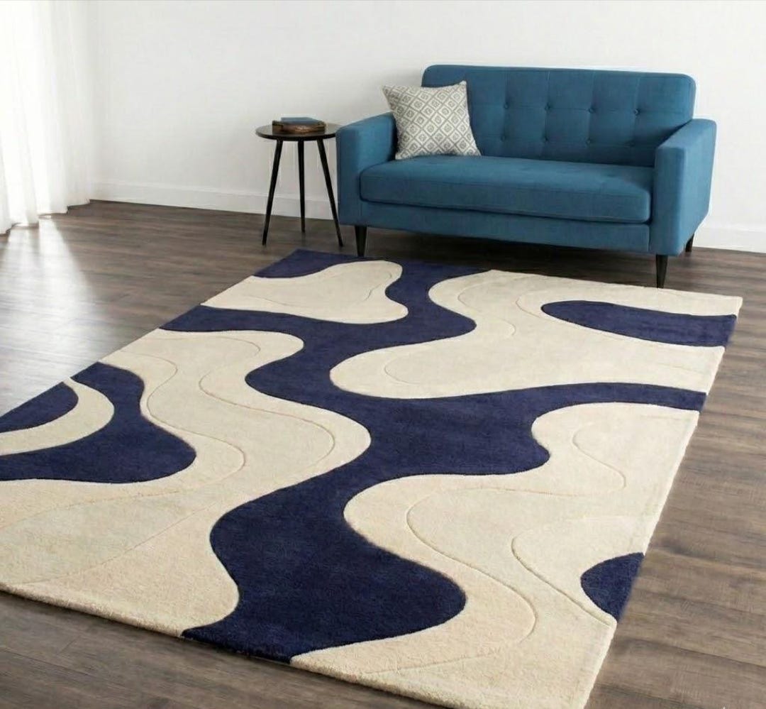 Navy Blue Wavy Rug Hand Tufted Wool Carpet Cream Abstract Swirl Mat ...
