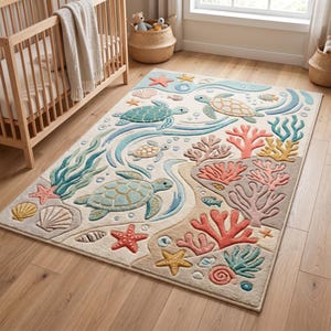 May include: A rectangular area rug featuring a light beige background with a colourful underwater scene. The design includes multiple sea turtles, starfish, seashells, and coral reefs in shades of blue, green, pink, orange, and yellow.
