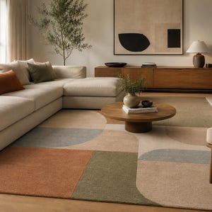 May include: A modern living room featuring a large beige sectional sofa, a round wooden coffee table, and a patterned area rug with geometric shapes in shades of orange, green, and beige. A large abstract painting hangs on the wall.